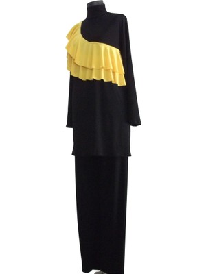 Eflin Kadın Giyim Tam Kapalı Tesettür Mayo Siyah Sarı Çapraz Valonlu Boneli