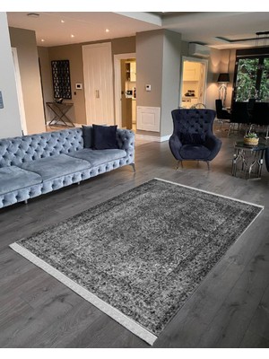 Nar Store Home Decoser 2023 Gri Kaymaz Pamuk Tabanlı Yıkanabilir Halı Kilim