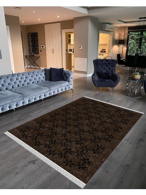 Nar Store Home Decoser 2035 Kahverengi Siyah Yıldız Desen Pamuk Tabanlı Kaymaz Yıkanabilir Halı Kilim