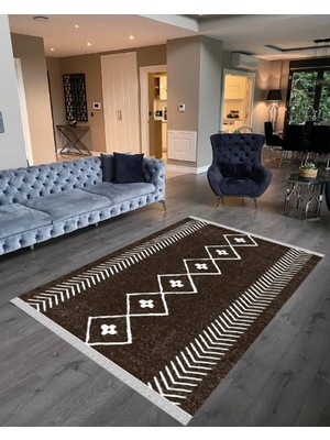 Nar Store Home Decoser 2041 Kahverengi Iskandinav Desen Pamuk Tabanlı Kaymaz Yıkanabilir Halı Kilim