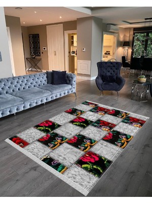 Nar Store Home Decoser 2054 Patchwork Gri Renk Pamuk Tabanlı Kaymaz Yıkanabilir Halı Kilim