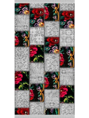 Nar Store Home Decoser 2054 Patchwork Gri Renk Pamuk Tabanlı Kaymaz Yıkanabilir Halı Kilim