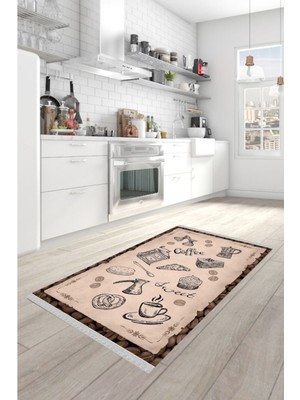 Nar Store Home Decoser 2092 Coffe Yazılı Kaymaz Pamuk Tabanlı Yıkanabilir Mutfak Halısı