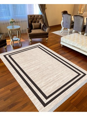 Nar Store Home Decoser 8021 Düz Bej Antrasit Yıkanabilir Pamuk Tabanlı Kaymaz Kilim