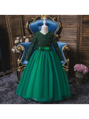Masho Trend Yeşil Tarlatanlı Zara Payetli Çocuk Abiye - Kız Çocuk Elbise - Kız Çocuk Balo Elbise - Noel Elbise