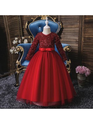 Masho Trend Kırmızı Tarlatanlı Zara Payetli Çocuk Abiye - Kız Çocuk Elbise - Kız Çocuk Balo Elbise - Noel Elbise