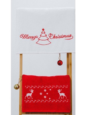 Vevien Home Happy Christmas Yılbaşı Nakışlı %100 Pamuk 50X90 2'li Havlu Seti