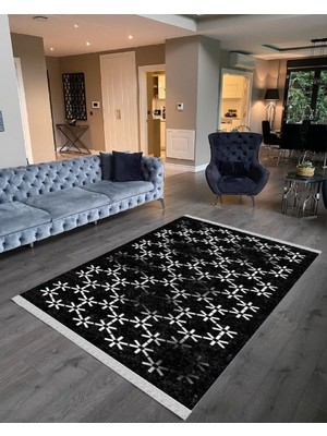 Nar Store Home Decoser 2034 Siyah Beyaz Yıldız Desen Pamuk Tabanlı Kaymaz Yıkanabilir Halı Kilim