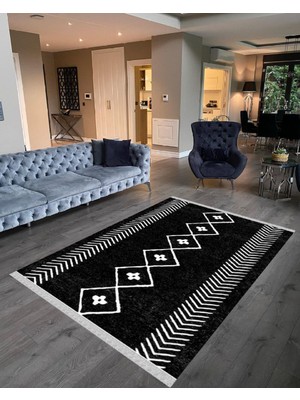 Nar Store Home Decoser 2040 Siyah Beyaz Iskandinav Desen Pamuk Tabanlı Kaymaz Yıkanabilir Halı Kilim