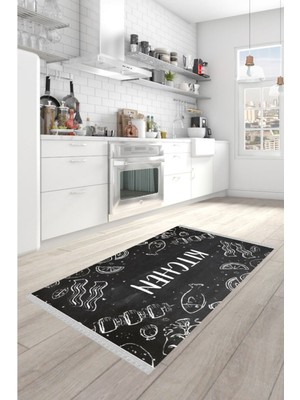 Nar Store Home Decoser 2094 Siyah Beyaz Kaymaz Pamuk Tabanlı Yıkanabilir Mutfak Halısı