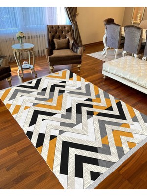 Nar Store Home Decoser 3033 Gri Sarı Zig Zag Desen Yıkanabilir Pamuk Taban Kilim