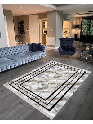 Nar Store Home Decoser 6020 Gri Sarı Mermer Desen Kaymaz Yıkanabilir Kilim