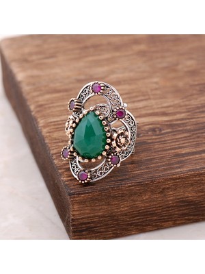 Sümer Telkari Kök Zümrüt Taşlı Telkari Işlemeli Gümüş Yüzük 2488