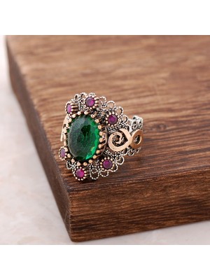 Sümer Telkari Yeşim Taşlı Telkari Işlemeli Gümüş Yüzük 2477