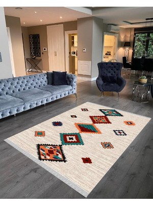 Nar Store Home Decoser 2044 Krem Otantik Şönil Desen Pamuk Tabanlı Kaymaz Yıkanabilir Halı Kilim