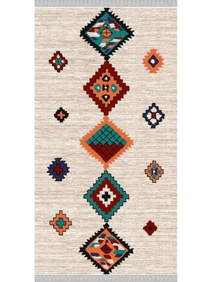 Nar Store Home Decoser 2044 Krem Otantik Şönil Desen Pamuk Tabanlı Kaymaz Yıkanabilir Halı Kilim