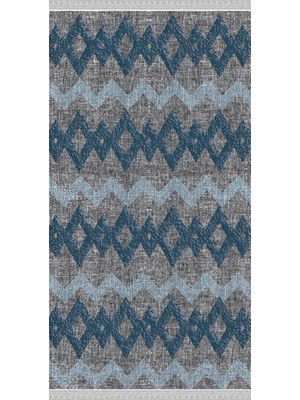 Nar Store Home Decoser 2046 Gri Mavi Renk Pamuk Tabanlı Kaymaz Yıkanabilir Halı Kilim