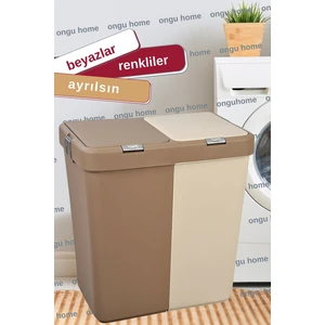 Ongu Home Motek İkili Dokunmatik Kapaklı Plastik Kirli Çamaşır Sepeti 80 L – Su ve Neme Dayanıklı, Gri-Beyaz