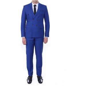 Dewsa Plus Sivri Yaka Çift Yırtmaç Slimfit Düz Saks Mavi Kruvaze Takım Elbise