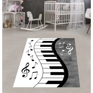 Bona Fortuna Piyano Desenli Müzik Notalı Halı Dijital Baskı Yıkanabilir Kaymaz Taban Modern Salon Halısı
