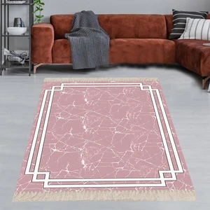 Bona Fortuna Geometrik Çerçeveli Mermer Desen Yıkanabilir Kaymaz Taban Leke Tutmaz Modern Salon Halısı ve Yolluk