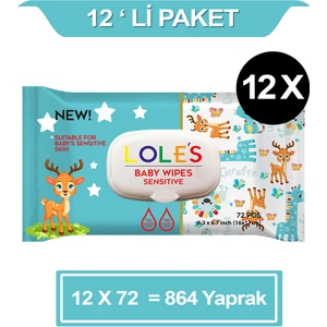 Sensitive Bebek Islak Mendil 12 x 72'li 864 Yaprak - Bebekler için uygun çok amaçlı temizleyici ıslak mendil