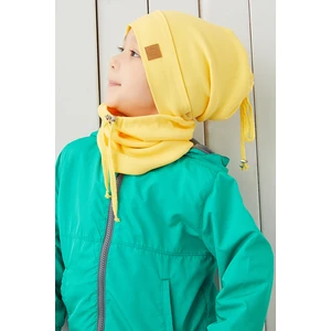 Erkek Bebek Çocuk Sarı Ip Detaylı Şapka Bere Boyunluk Takım Rahat %100 Pamuklu Kaşkorse