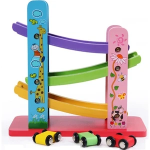 Mofy Baby Montessori Eğitici Ahşap Oyuncak 3 Yollu Renkli Kaydırak Yarış Arabaları Otoyol Oyunu