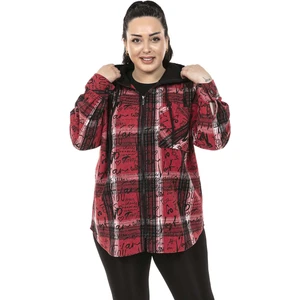 Disentis Modest Büyük Beden Kapüşonlu Fermuarlı Tek Cepli Baskılı Kırmızı Ceket Gömlek