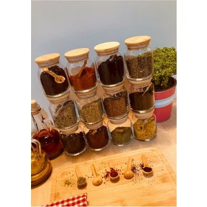 Ahşap Kapaklı 300 ml 12 Adet Cam Baharat Seti Vakumlu & Etiketli &kaşıklı & 24 Parça