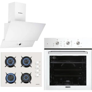 Beyaz Cam Ankastre Set (DA6-830 Beyaz Davlumbaz + KO-40TAHDF Ankastre Beyaz Ocak + B66 - S2 (Mt) 3 Pro 3 Düğme(Plus) Cam Tel Raf Beyaz)