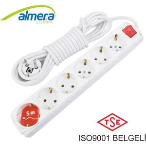 Almera 6'lı Ara Kablo Anahtarlı Topraklı Grup Priz 5 Metre