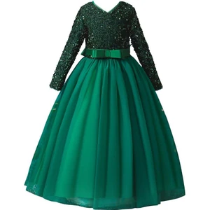 Masho Trend Yeşil Tarlatanlı Zara Payetli Çocuk Abiye - Kız Çocuk Elbise - Kız Çocuk Balo Elbise - Noel Elbise