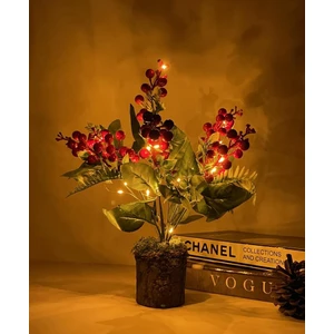 Yapay Çiçek Yılbaşı Çiçeği Kırmızı Kokina Doğal Kütük Odun Saksıda LED Işıklı 3 Fonksiyonlu