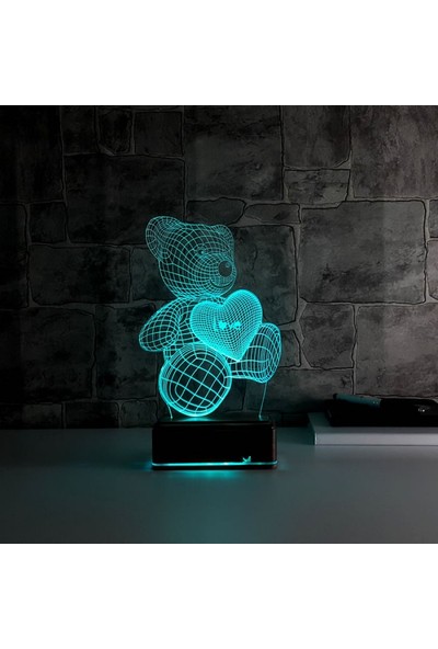 Tahta Moda 3D Lamba 16 Renk Kumandalı Çocuk Odası Ayıcık Kalp Love