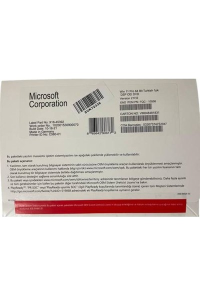 Microsoft Windows 11 Pro 64 Bit Oem DVD Kutu FQC-10556