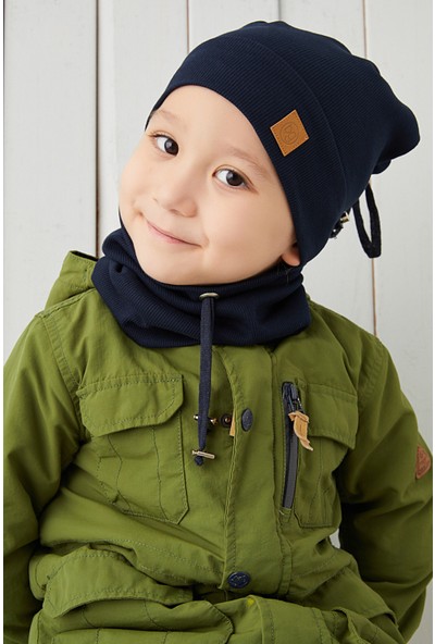 Babygiz Erkek Bebek Çocuk Lacivert Ip Detaylı Şapka Bere Boyunluk Takım Rahat %100 Pamuklu Kaşkorse