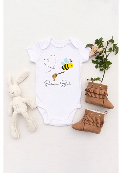 Unisex Bebek Dedesinin Balı Baskılı Body Zıbın