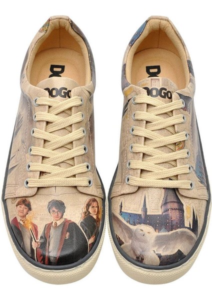 Kadın Vegan Deri Bej Sneakers - Warner Bros Gryffindor Gang Harry Potter Tasarım