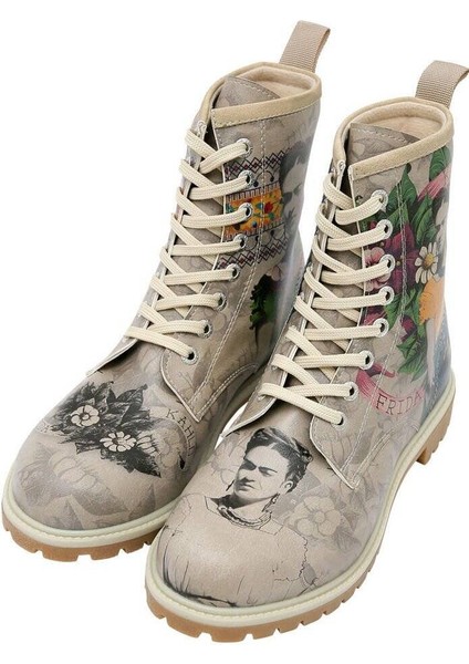 Kadın Vegan Deri Gri Uzun Bot - A Flower From The Past Frida Kahlo Tasarım