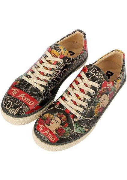 Kadın Vegan Deri Siyah Sneakers - Te Amo Frida Kahlo Tasarım