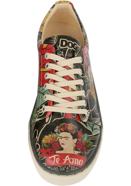Kadın Vegan Deri Siyah Sneakers - Te Amo Frida Kahlo Tasarım indirimleri
