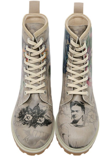 Kadın Vegan Deri Gri Uzun Bot - A Flower From The Past Frida Kahlo Tasarım
