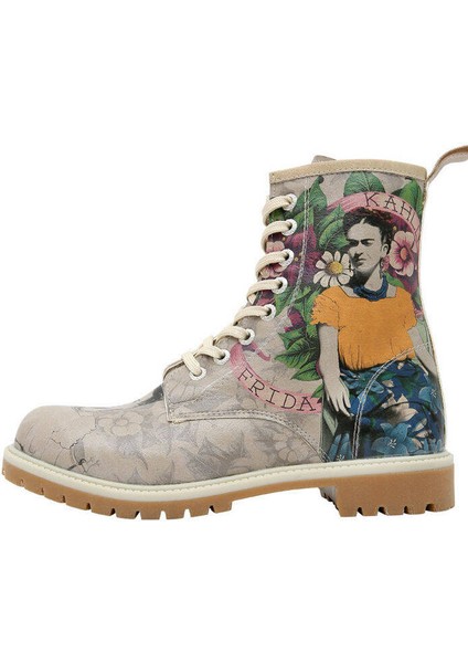 Kadın Vegan Deri Gri Uzun Bot - A Flower From The Past Frida Kahlo Tasarım