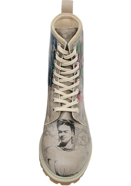 Kadın Vegan Deri Gri Uzun Bot - A Flower From The Past Frida Kahlo Tasarım