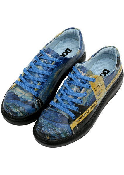 Kadın Vegan Deri Lacivert Sneakers - Vincent van Gogh The Starry Night Muse Tasarım