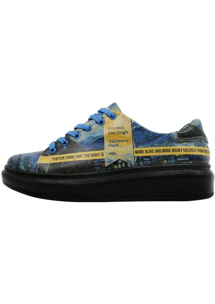 Kadın Vegan Deri Lacivert Sneakers - Vincent van Gogh The Starry Night Muse Tasarım