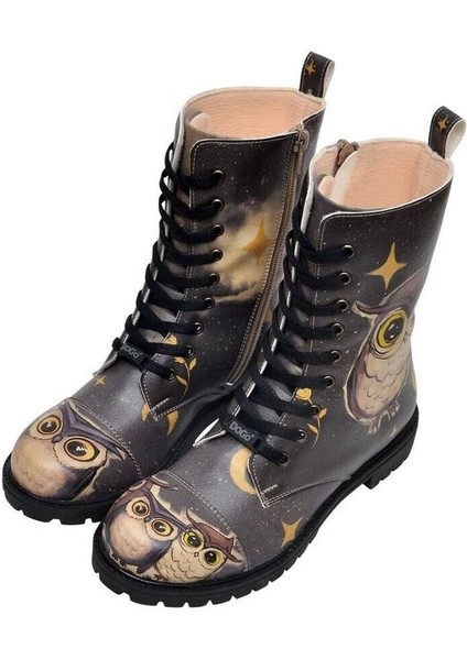 Kadın Vegan Deri Siyah Fermuarlı Uzun Bot - Owls Family Tasarım