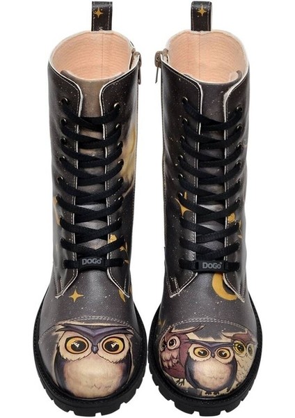 Kadın Vegan Deri Siyah Fermuarlı Uzun Bot - Owls Family Tasarım modelleri