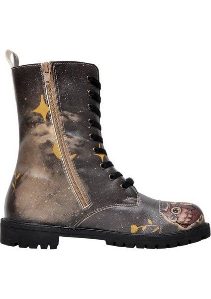 Kadın Vegan Deri Siyah Fermuarlı Uzun Bot - Owls Family Tasarım fırsatları